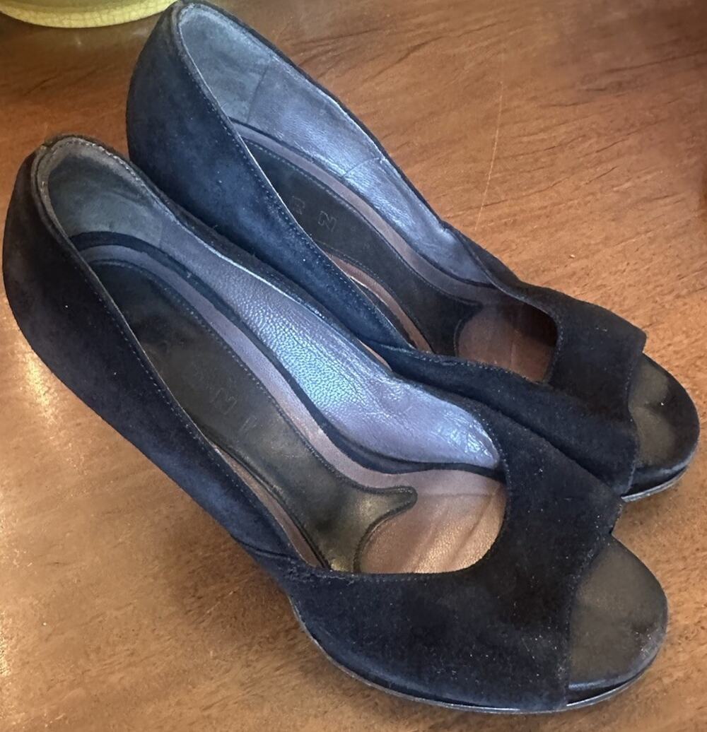 Vintage Marni Womens Suede Peep Toe Stiletto Slip On Pumps Colorblock Size 8.5